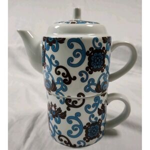 Second Cup Tea Pot & Cup For One  Turquoise ornate paisley-style scroll pattern.